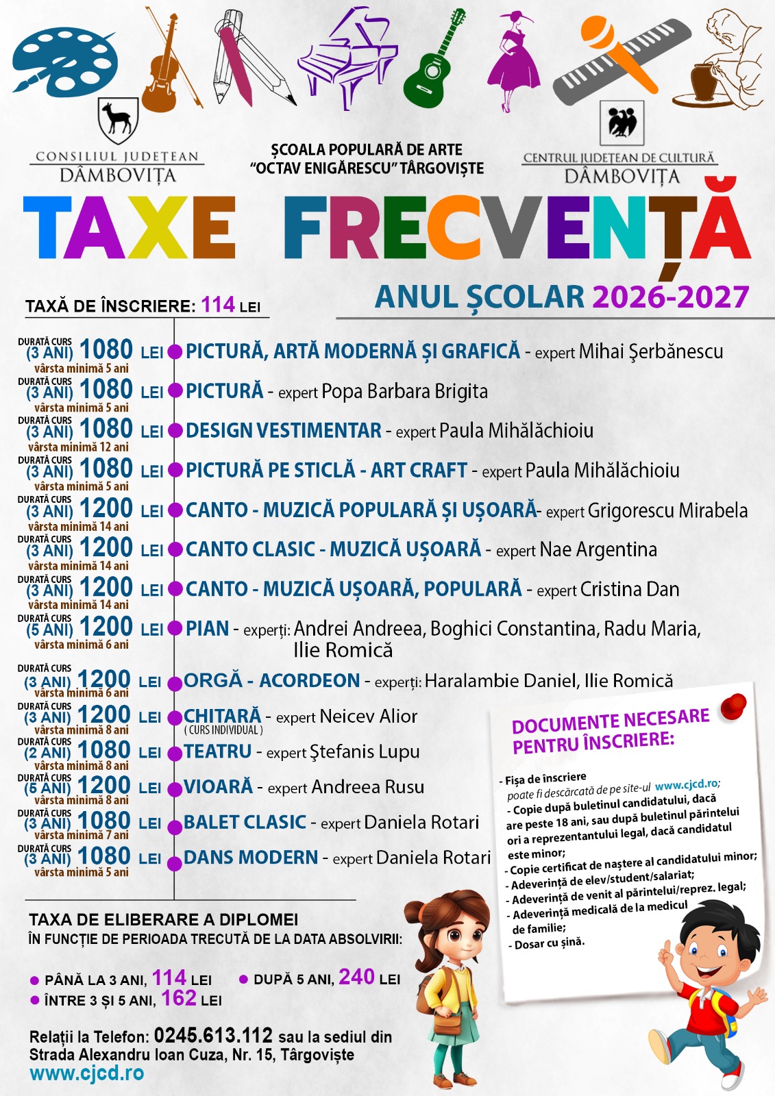  1 septembrie 2026 - debutează înscrierile la Școala Populară de Arte „Octav Enigărescu” din cadrul Centrului Județean de Cultură Dâmbovița
